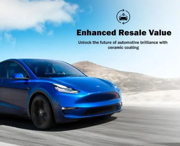 Blue Tesla Model Y driving on a scenic road under a bright sky, accompanied by the text “Enhanced Resale Value – Unlock the future of automotive brilliance with ceramic coating” and an icon of a price tag.