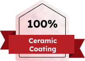 Badge graphic with a pink pentagon and red ribbon reading "100% Ceramic Coating" in bold black and white text.