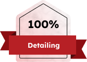 Badge graphic with a light pink pentagon and a red ribbon displaying the text "100% Detailing" in bold black and white letters.