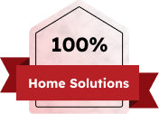 Badge graphic with a pink pentagon and a red ribbon across it displaying the text "100% Home Solutions" in bold black and white letters.