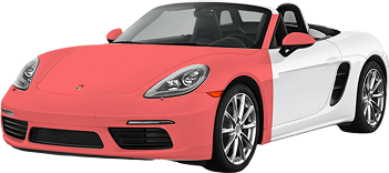 Porsche convertible with a red and white wrap layout, showing red coverage on the front bumper, hood, fenders, and mirrors, illustrating a partial paint protection film installation.