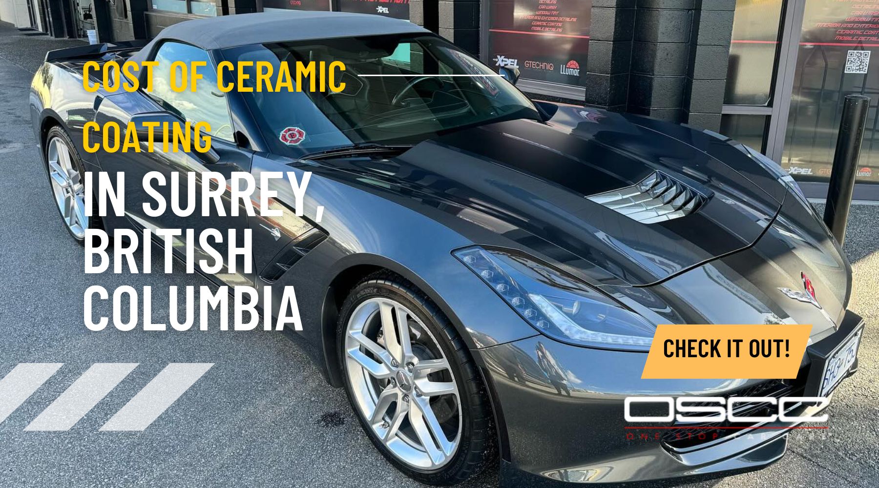 Sleek black sports car under dramatic lighting with bold text that reads “Cost of Ceramic Coating in Surrey, Canada.” A yellow button says “Check It Out!” and the OSCC (One Stop Car Care) logo is at the bottom.