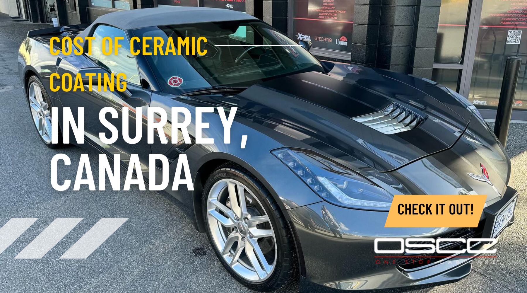 Sleek black sports car under dramatic lighting with bold text that reads “Cost of Ceramic Coating in Surrey, Canada.” A yellow button says “Check It Out!” and the OSCC (One Stop Car Care) logo is at the bottom.