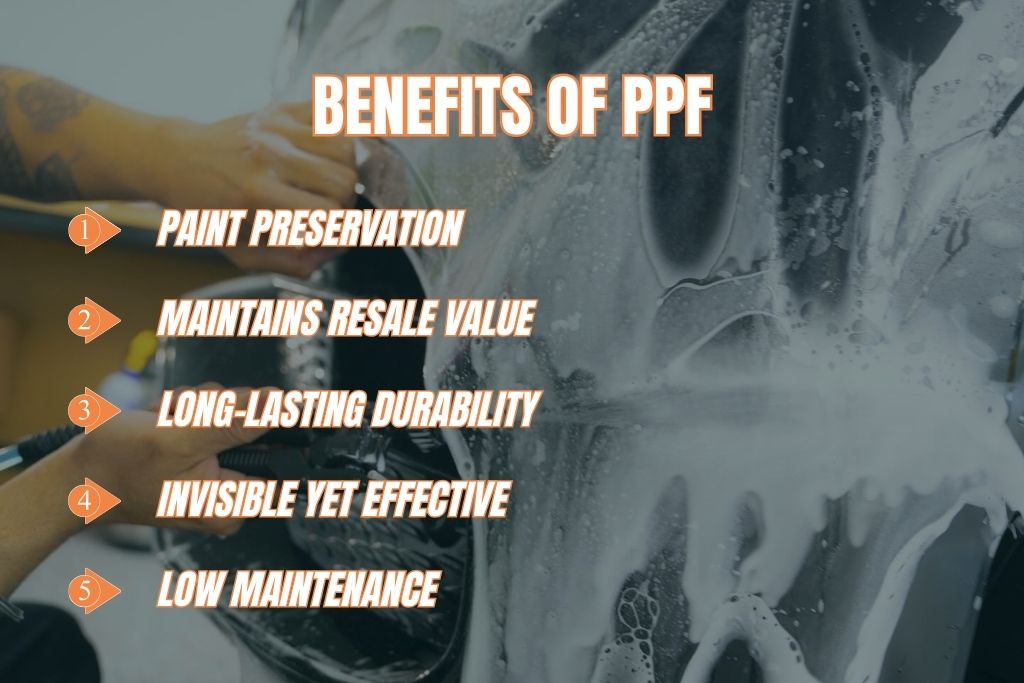 Infographic showing the benefits of PPF on a car, including paint preservation, resale value, durability, invisible protection, and low maintenance, highlighting why Surrey drivers choose paint protection film.