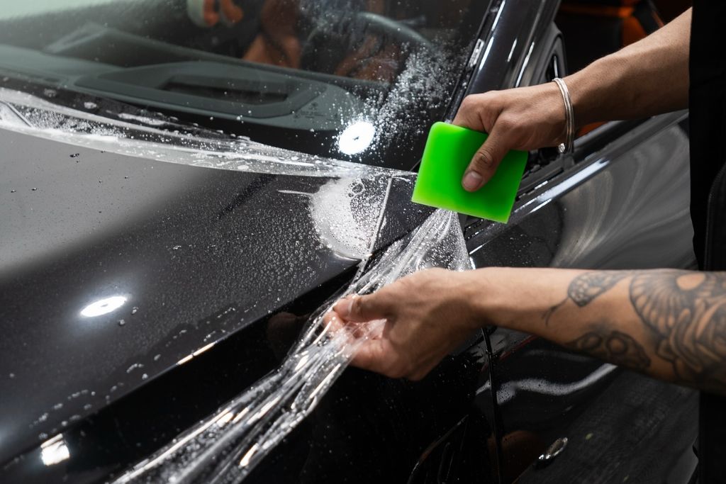 Close-up of a technician applying paint protection film to a black car hood in Surrey, demonstrating how PPF works to shield the paint from scratches and damage.