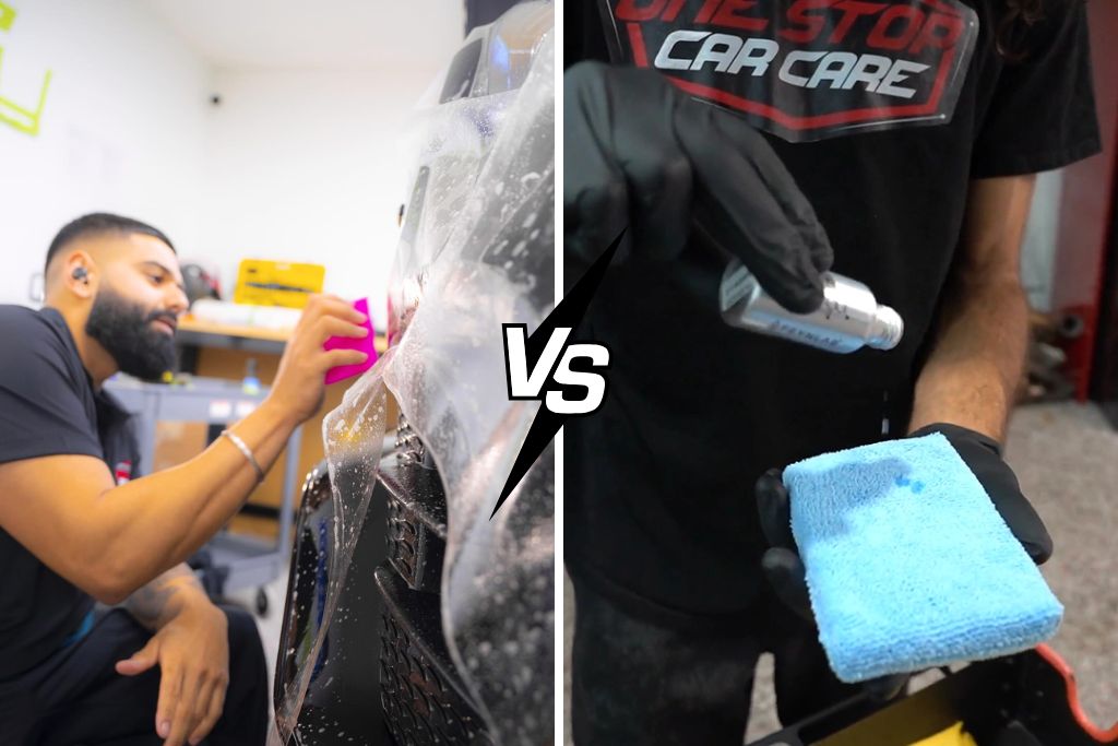 Split image comparing PPF vs ceramic coating in a Surrey auto shop, with one technician applying paint protection film and another preparing ceramic coating on a microfiber cloth.