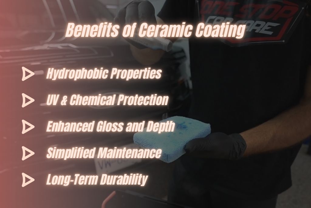 Infographic-style image listing five benefits of ceramic coating—hydrophobic properties, UV and chemical protection, enhanced gloss and depth, simplified maintenance, and long-term durability—over a background showing a person holding a blue applicator pad. This supports the topic: what is ceramic coating, especially for drivers in Surrey.