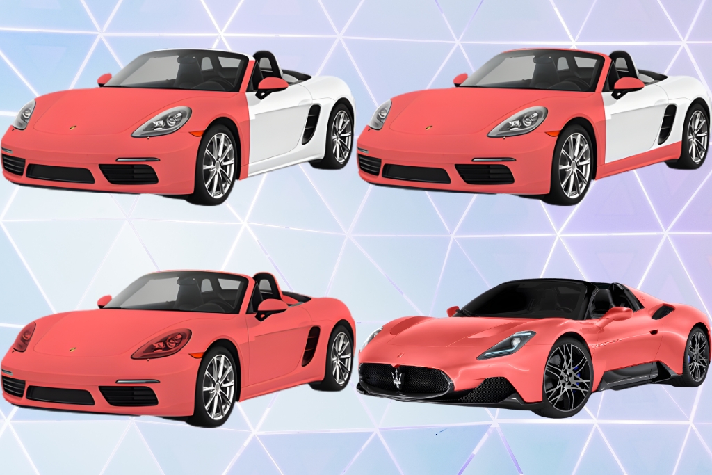 Graphic showing four sports cars, each with varying levels of pink paint protection film coverage—from partial front to full-body wrap—on a geometric background. The visual illustrates flexible coverage packages available for different car protection needs.