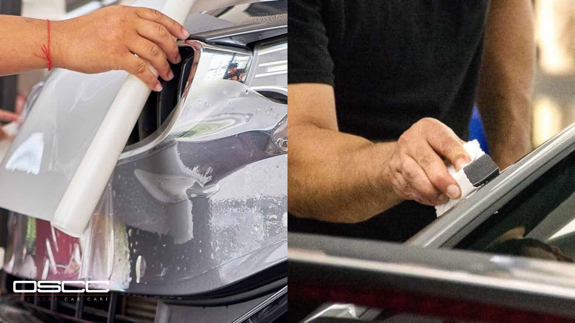 Side-by-side image showing paint protection film installation on a silver car bumper and ceramic coating application to a vehicle’s window trim.