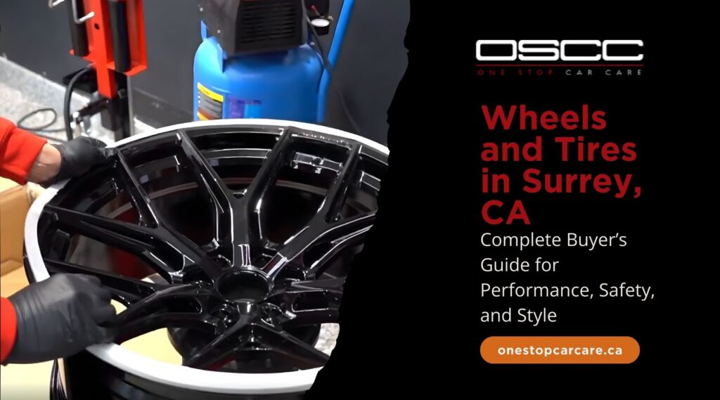Technician wearing black gloves cleans a glossy black alloy wheel in an auto shop while promotional text reads Wheels and Tires in Surrey CA Complete Buyer’s Guide for Performance Safety and Style from OSCC One Stop Car Care. The image highlights professional wheel services available in Surrey CA.