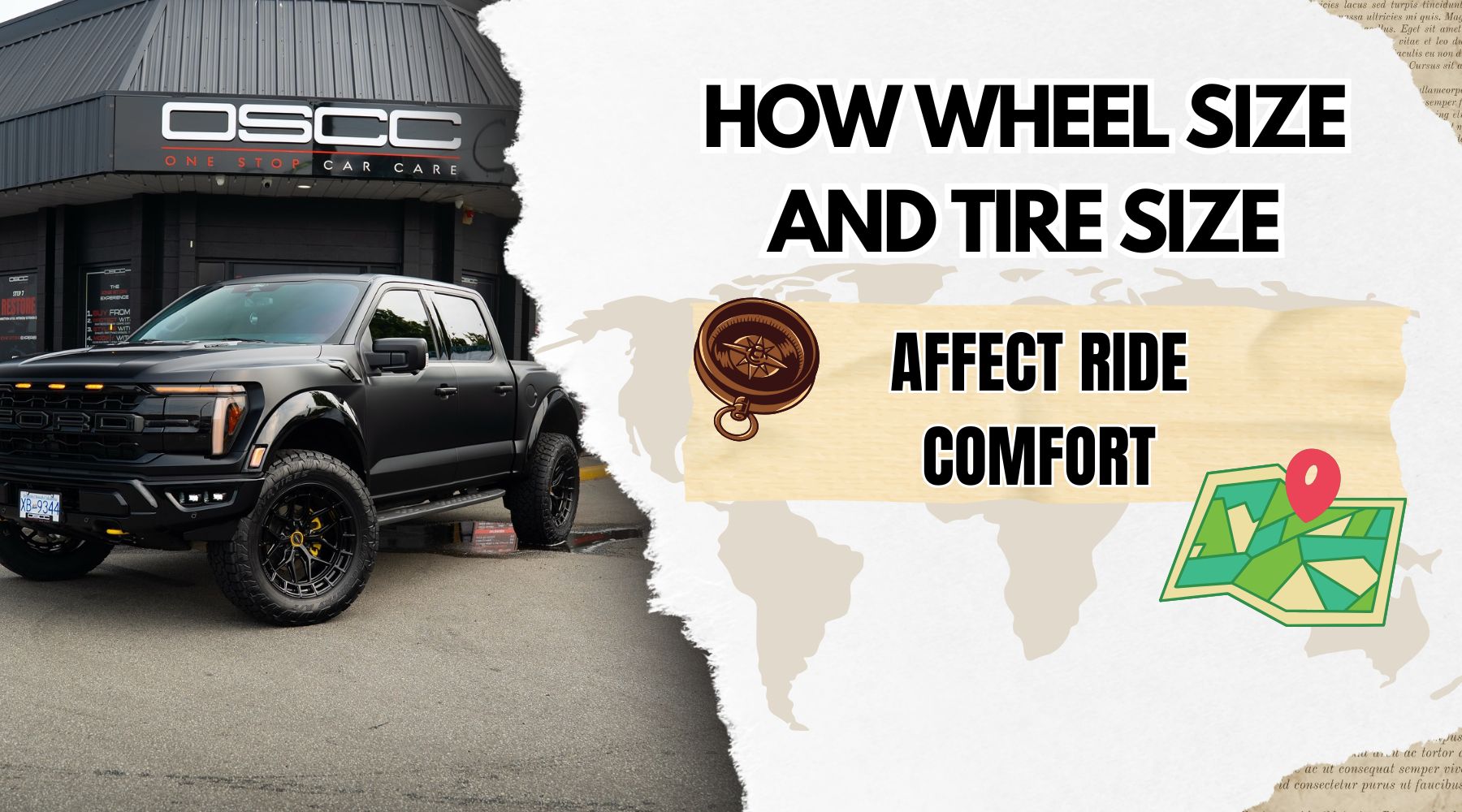 Matte black pickup truck parked outside an OSCC storefront, used to illustrate how wheel size and tire size affect everyday ride comfort and road feel. The graphic includes the text "OSCC" "ONE STOP CAR CARE" "HOW WHEEL SIZE AND TIRE SIZE" and "AFFECT RIDE COMFORT" with compass and map icons beside the headline.