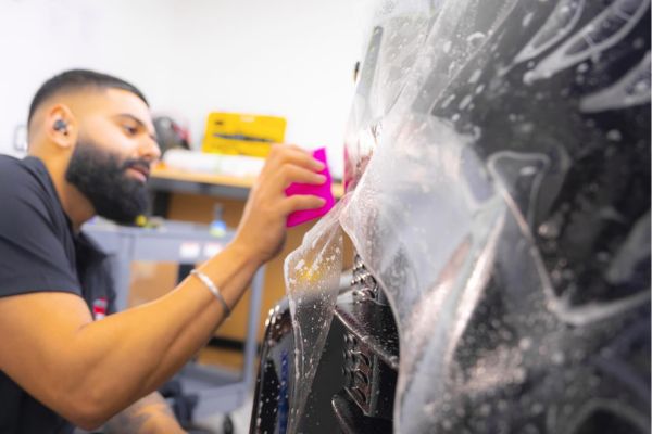 A professional installer smooths clear paint protection film onto a black vehicle with a bright pink squeegee while the surface remains wet during application. The close up angle highlights why professional PPF installation gives a cleaner finish and better long term durability than a DIY kit.