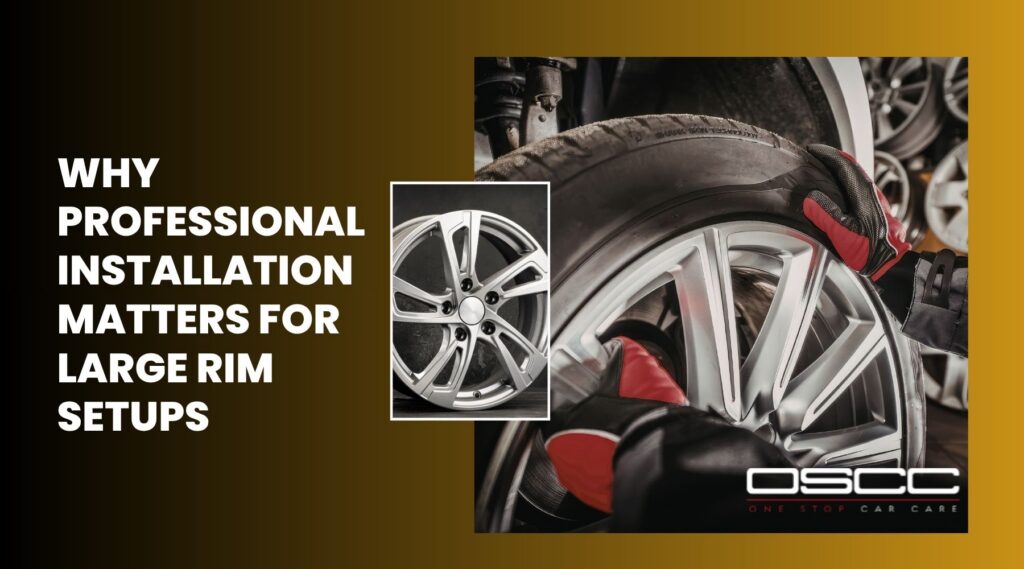 Technician performing professional installation for large rims with low-profile tire mounting and custom alloy wheel