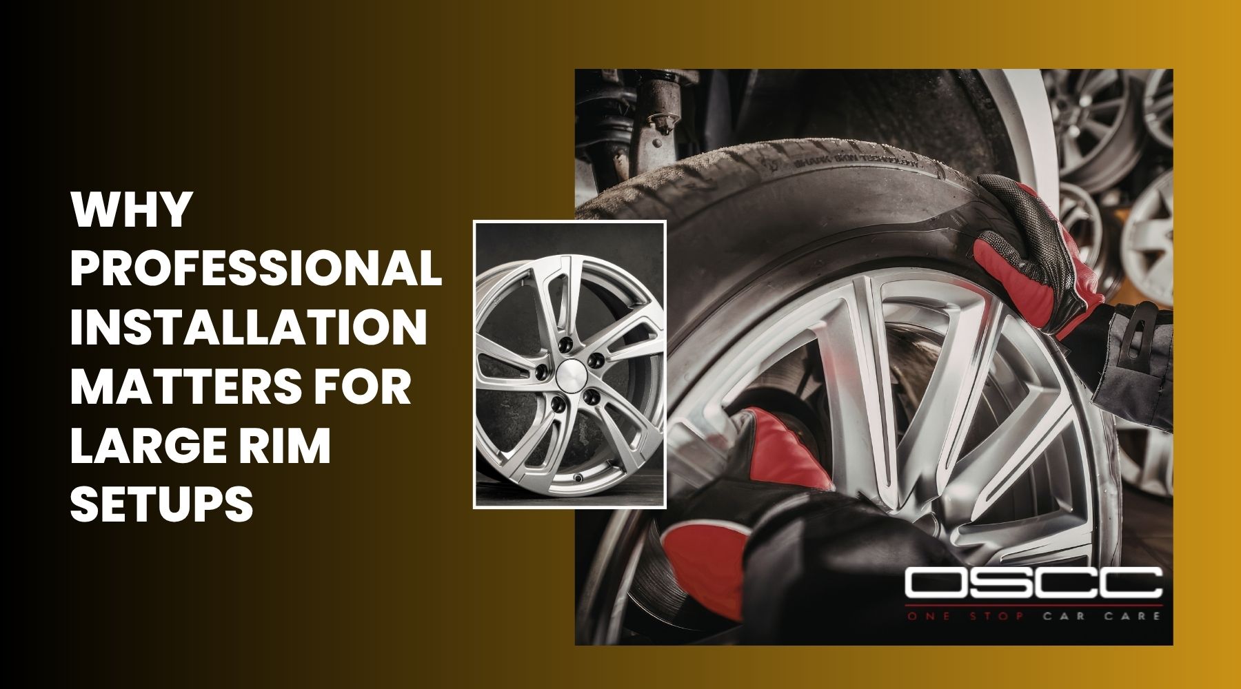 Technician performing professional installation for large rims with low-profile tire mounting and custom alloy wheel