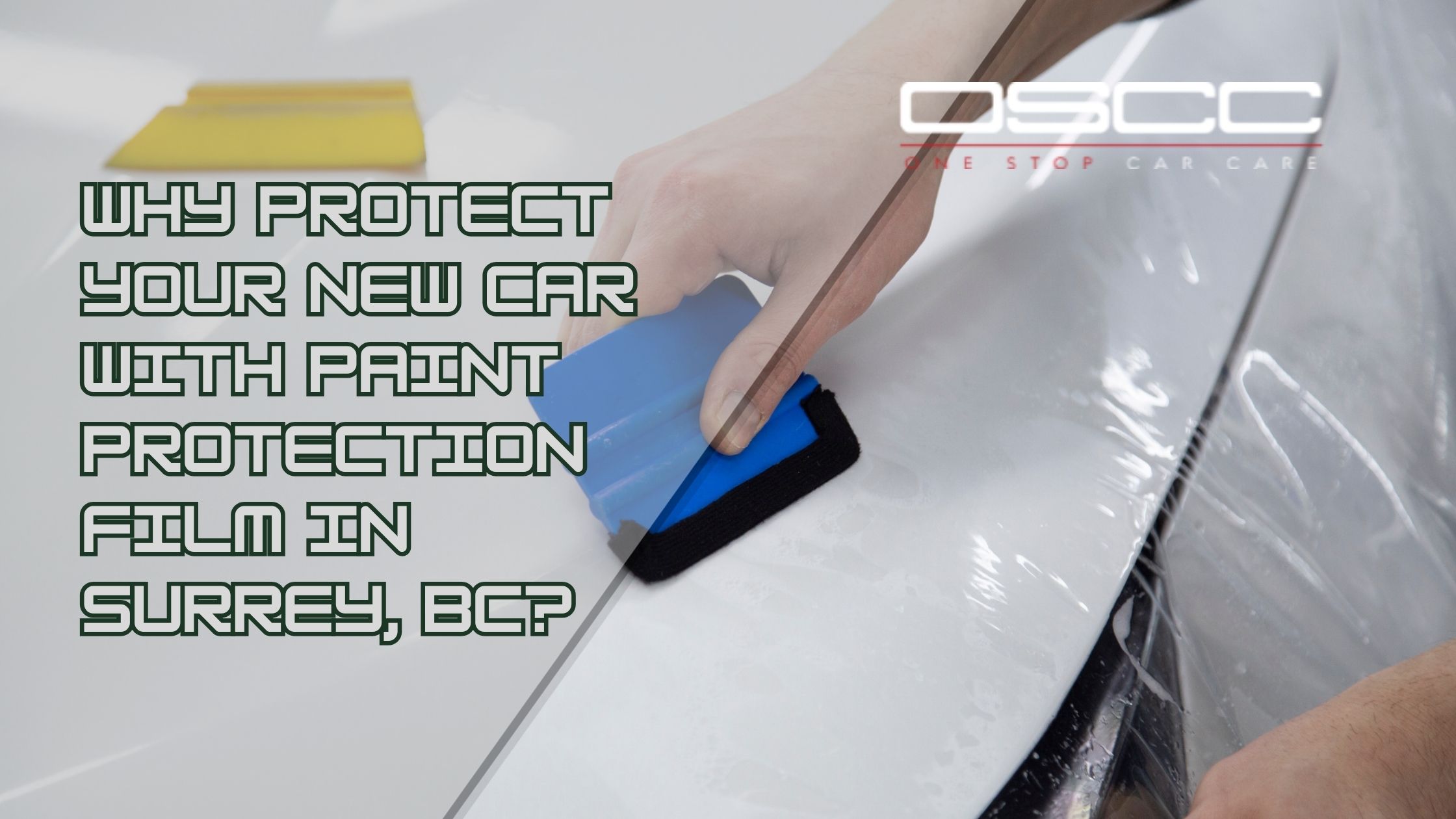 Applying paint protection film on a new white car to protect against scratches and road damage in Surrey BC