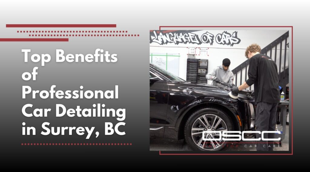 Professional car detailing in Surrey, BC with technicians polishing a black vehicle at One Stop Car Care.