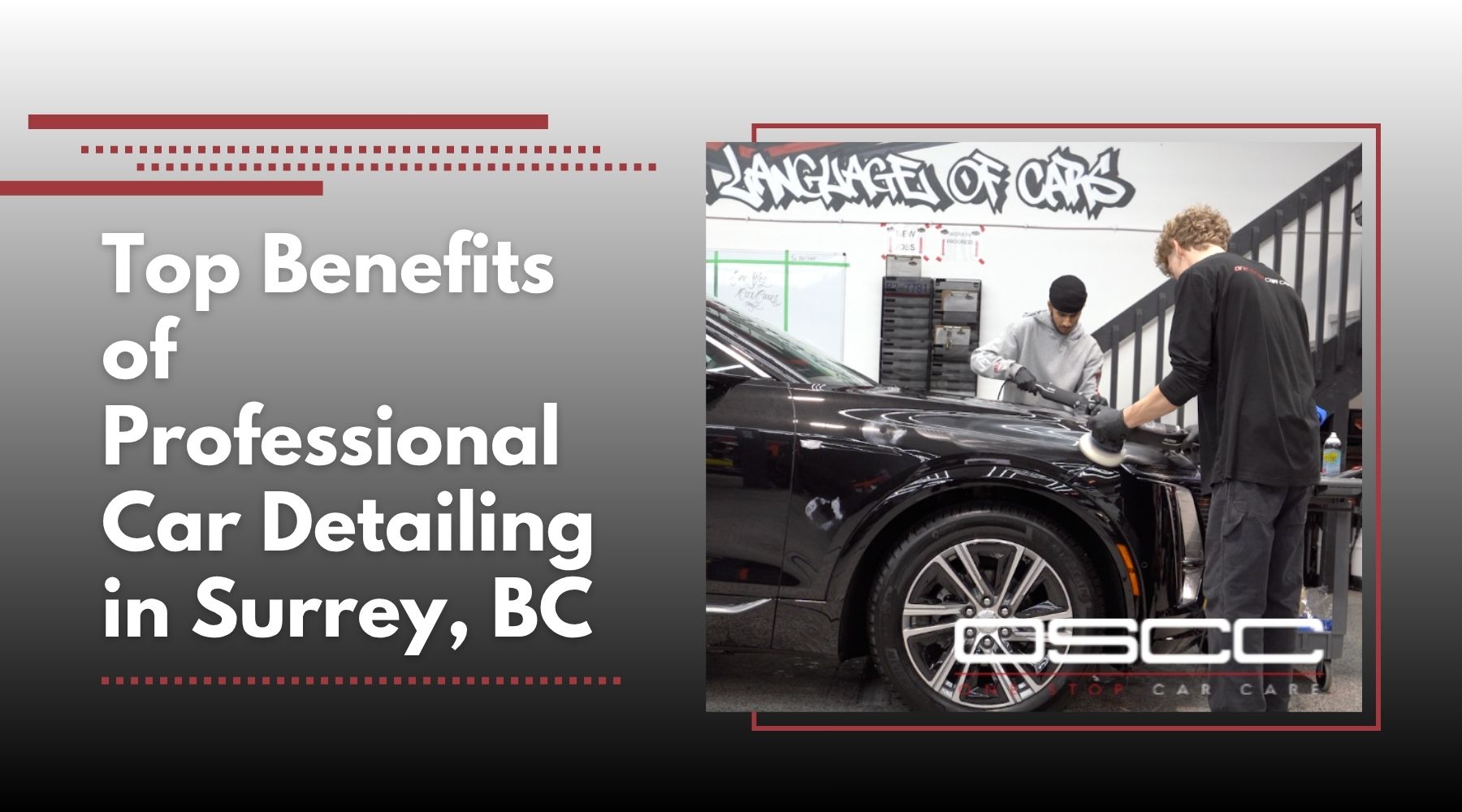 Professional car detailing in Surrey, BC with technicians polishing a black vehicle at One Stop Car Care.