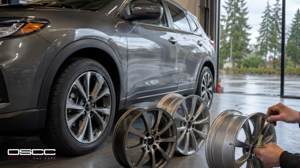 A gray SUV sits beside several alloy wheels while a technician measures rim size on one wheel. The text "OSCC ONE STOP CAR CARE" appears in the bottom left corner.
