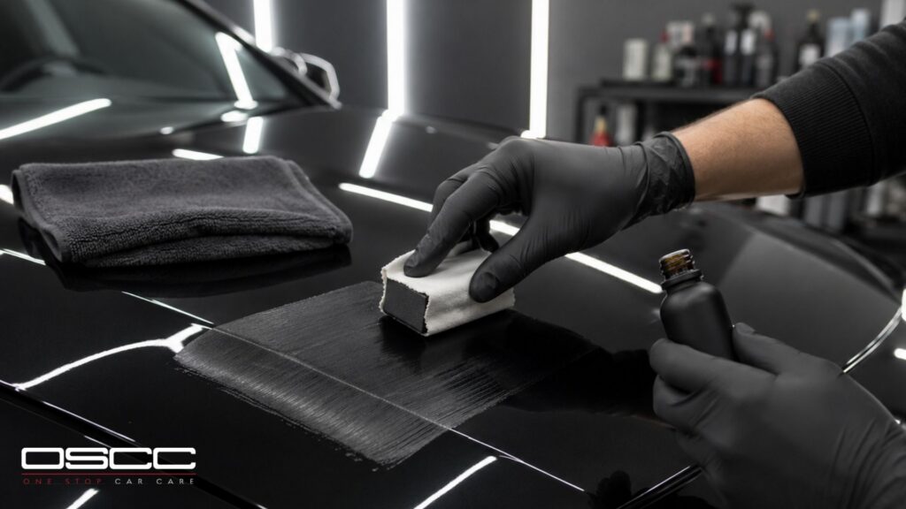 A technician in black gloves applies ceramic coating to a black vehicle hood with an applicator block.