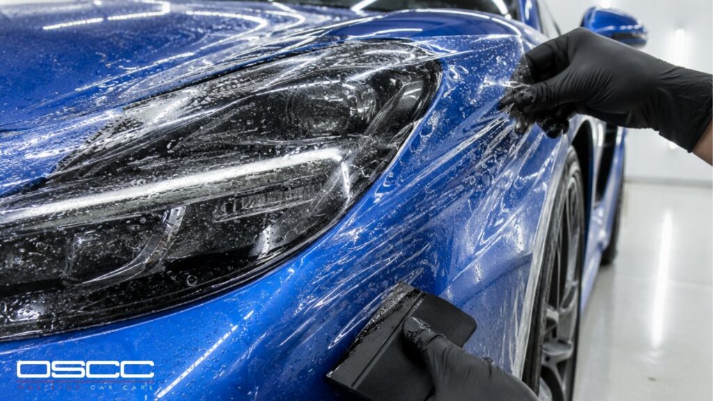 A technician applies paint protection film around the headlight and front fender of a blue vehicle.
