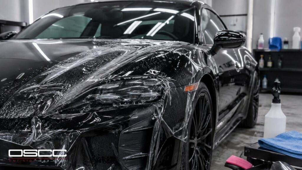 Black sports car with paint protection film stretched across the hood. headlight. and front fender.