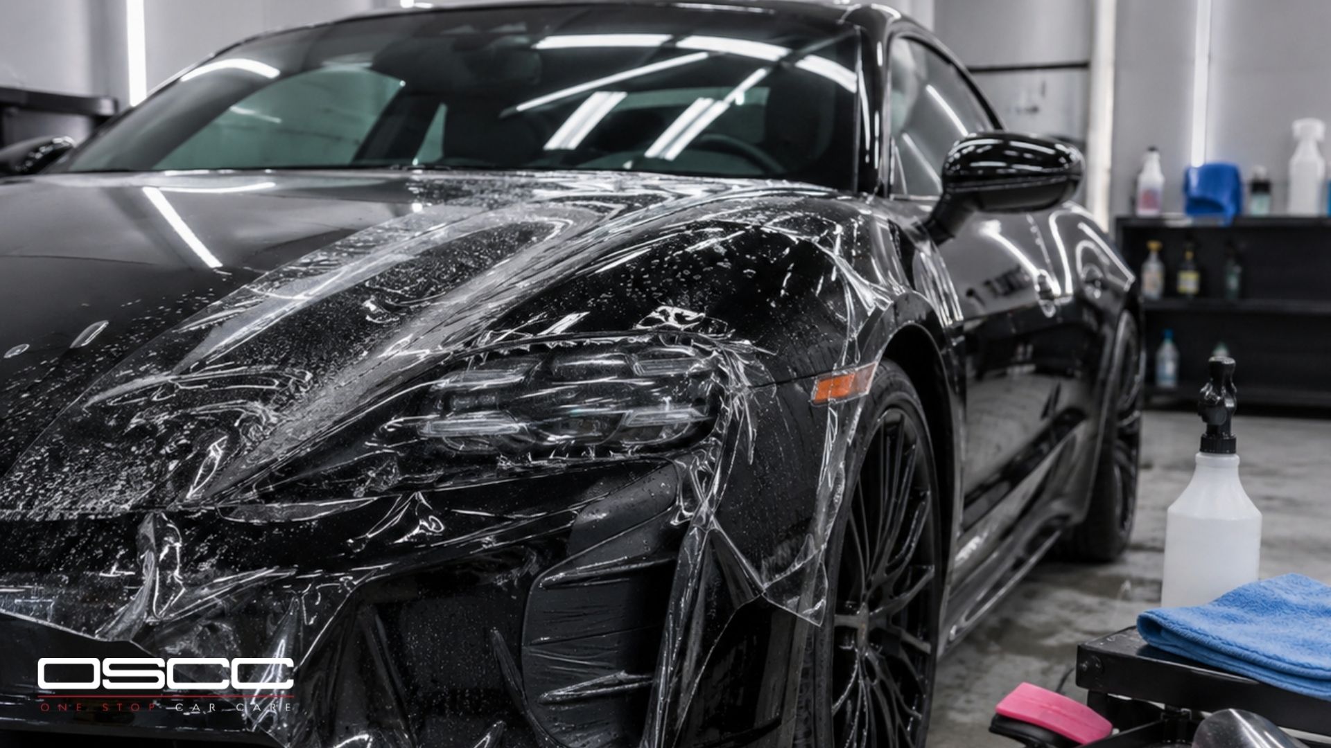 Black sports car with paint protection film stretched across the hood. headlight. and front fender.