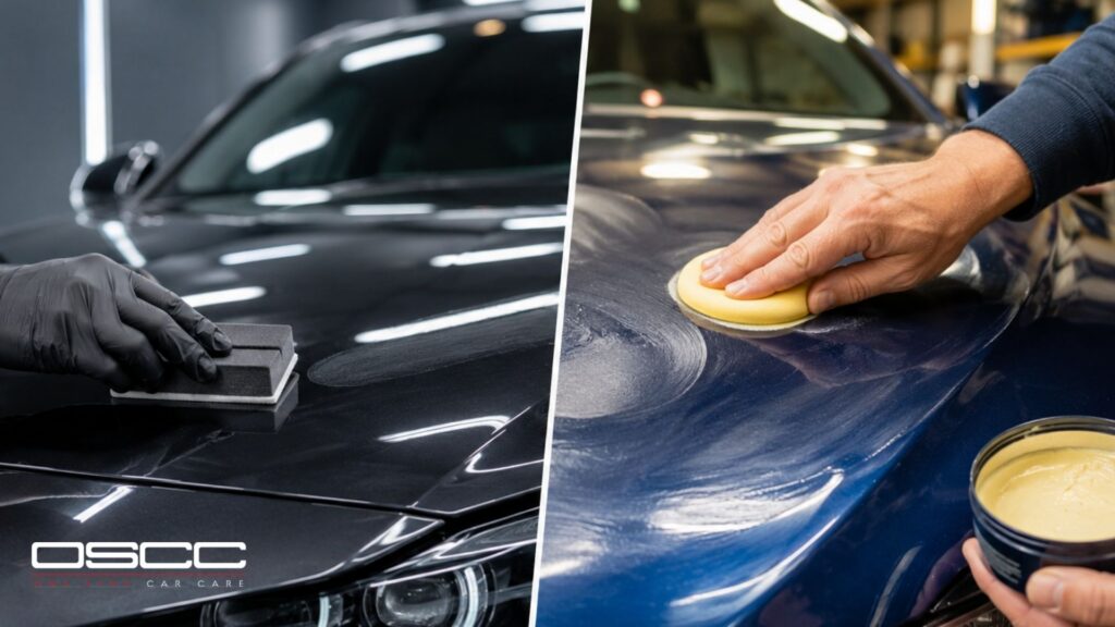 Split image comparing ceramic coating on a black car hood with wax being applied to a blue car hood.