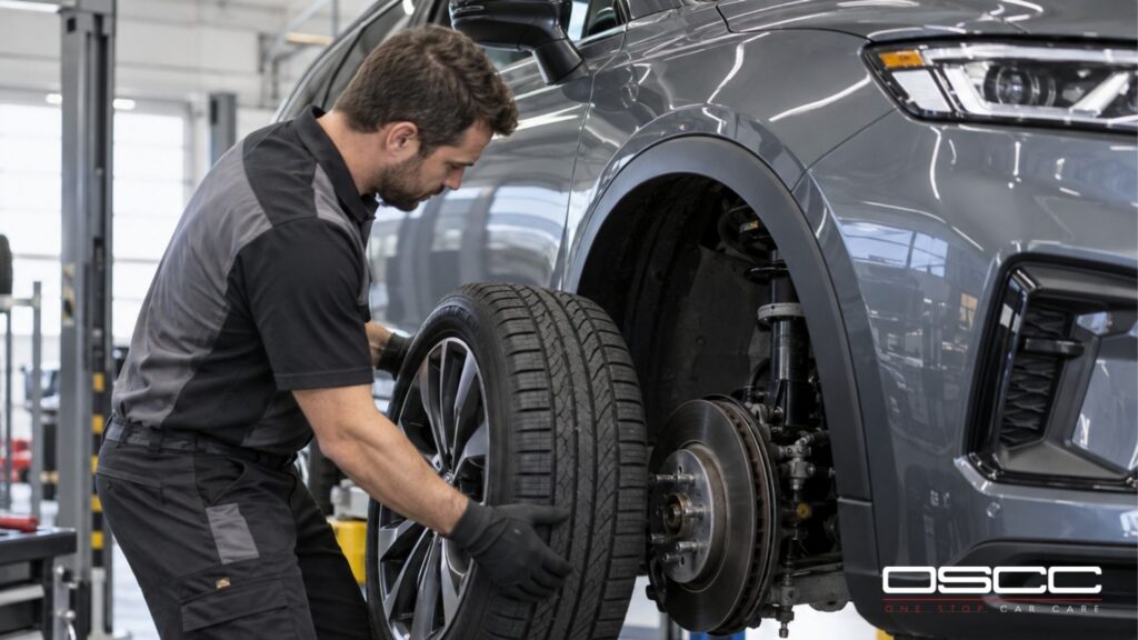 Technician installs a wheel and tire onto a gray SUV while it is raised in a service bay.