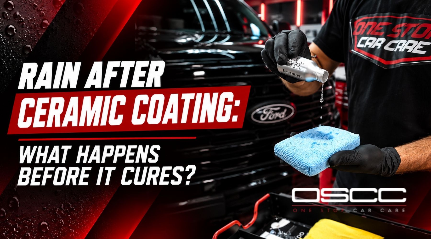 Rain after ceramic coating showing a One Stop Car Care technician with a coating bottle and microfiber towel beside a black vehicle.