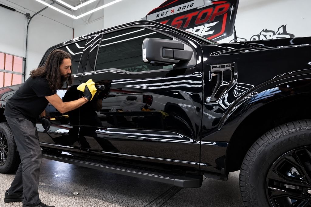 One Stop Car Care technician polishing a black Ford pickup truck with a microfiber towel inside a professional detailing shop in Surrey, BC.
