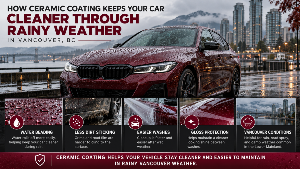 Infographic shows a red car covered in water droplets beside a rainy Vancouver skyline.