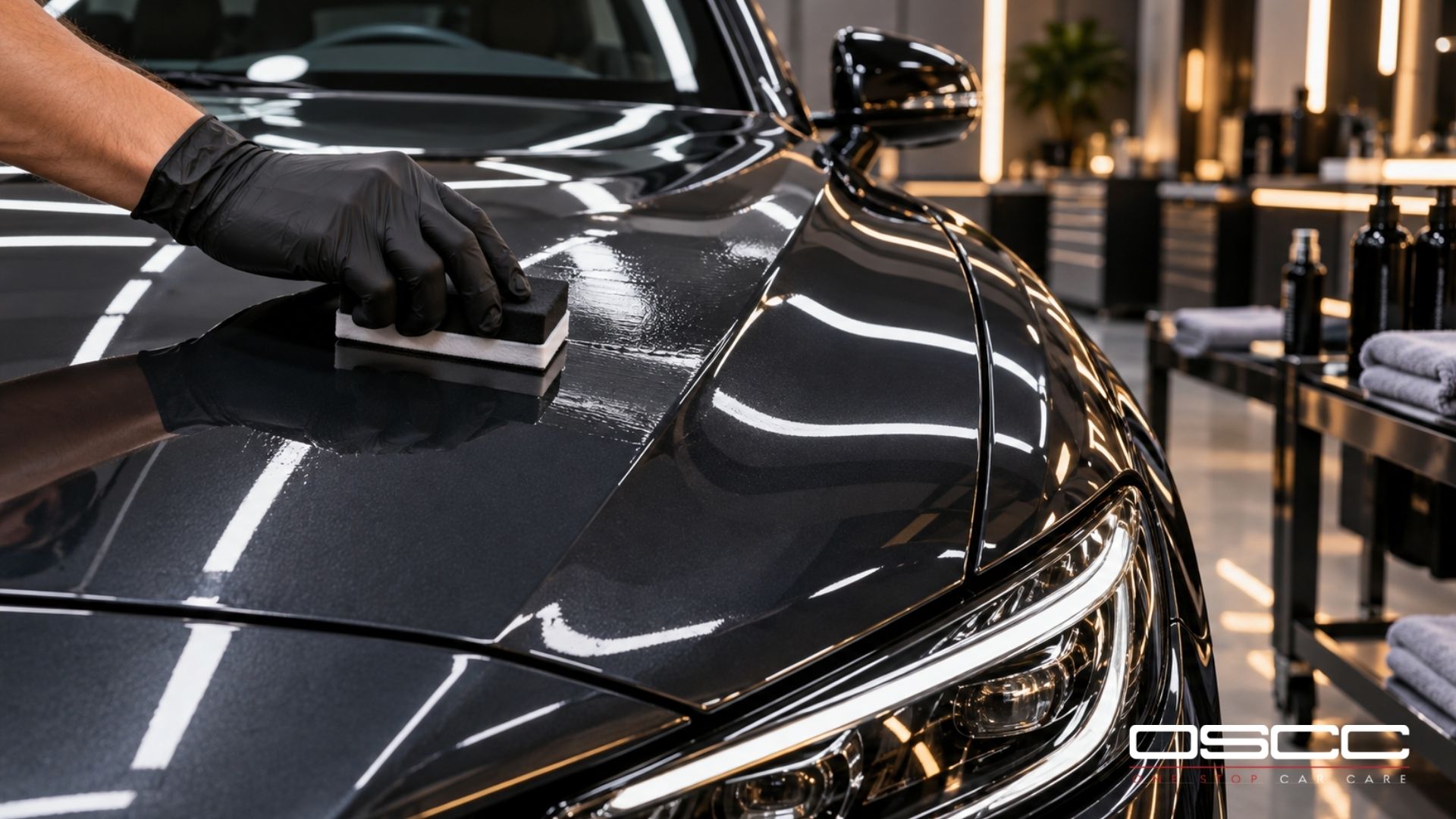 Detailer wearing a black glove spreads ceramic coating across the glossy hood of a dark car using a rectangular applicator pad.